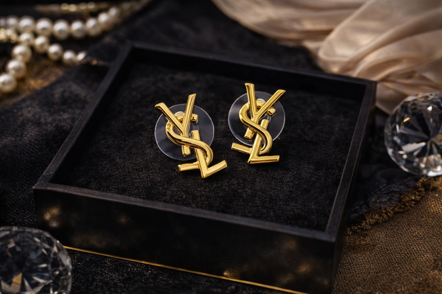 YSL Gold Monogram Stud Earrings