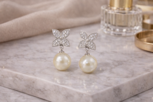 Floral Crystal & Pearl Drop Earrings
