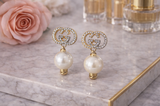 Two-Tone GG Pearl Drop Earrings