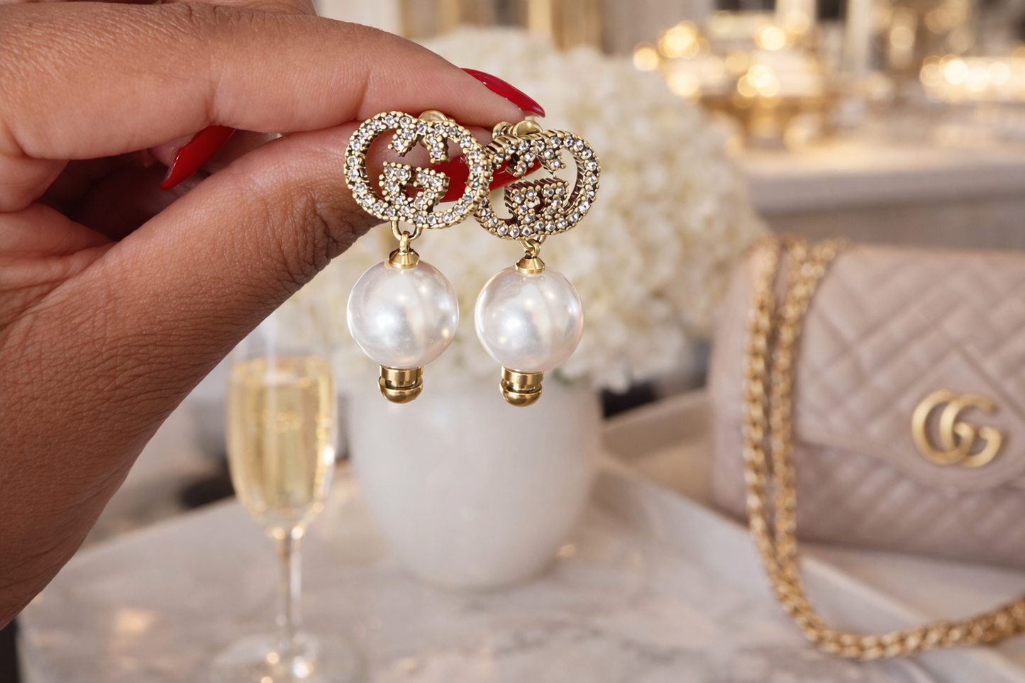 Two-Tone GG Pearl Drop Earrings